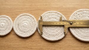 Four handmade cream cotton crochet coasters with brass caliper ruler measuring exact diameter on oak table
