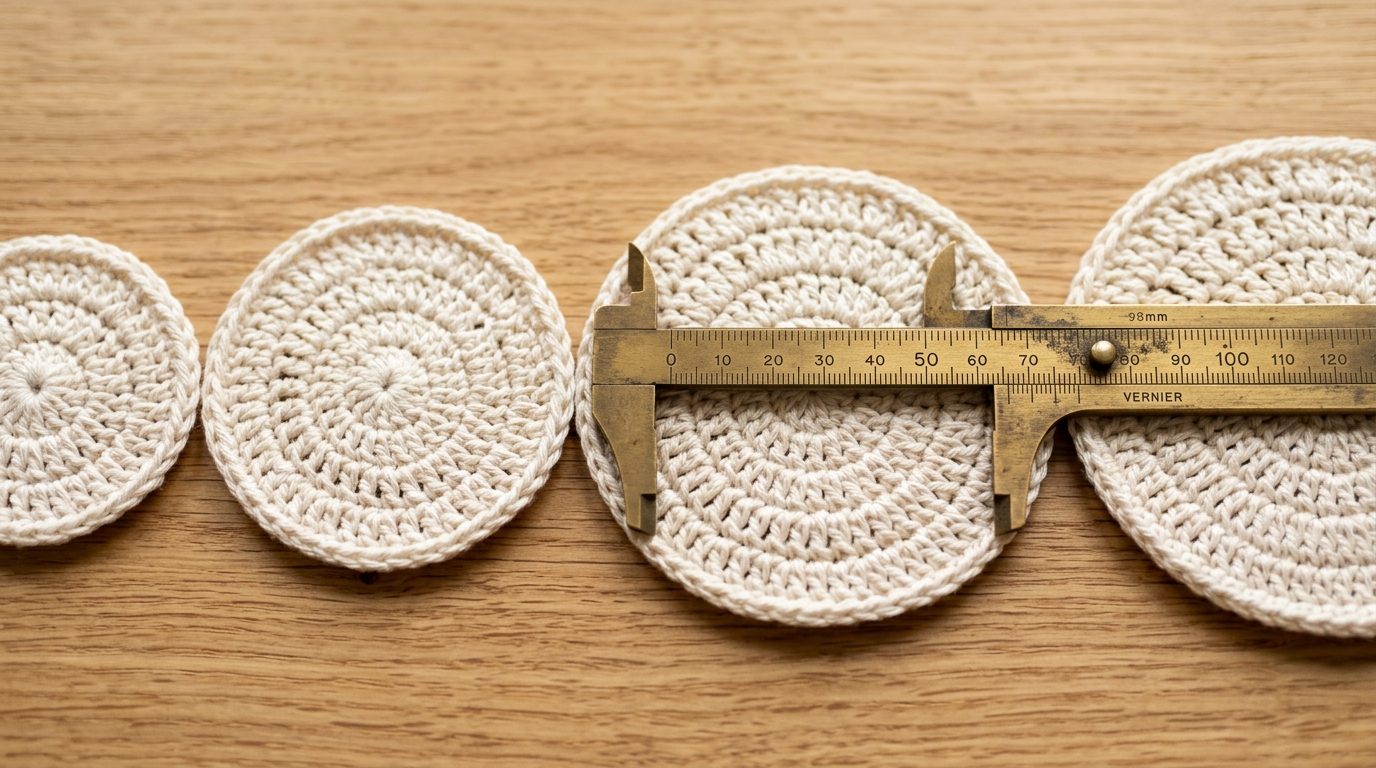 Four handmade cream cotton crochet coasters with brass caliper ruler measuring exact diameter on oak table