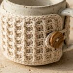 Close-up macro of handmade modern textured crochet mug cozy wrapped around speckled cream ceramic mug with olive wood button closure on travertine workbench
