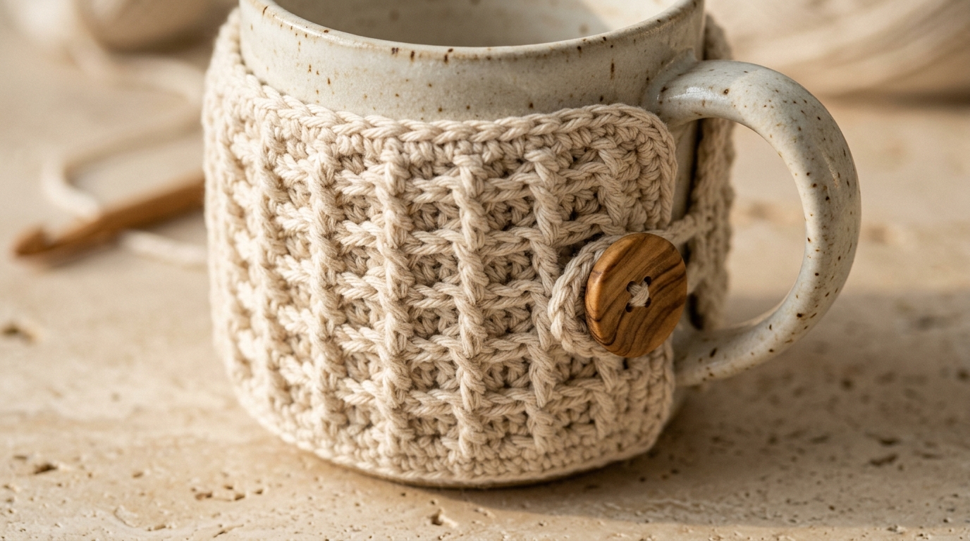 Close-up macro of handmade modern textured crochet mug cozy wrapped around speckled cream ceramic mug with olive wood button closure on travertine workbench