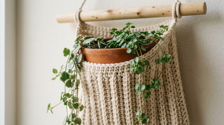 Close-up macro of handmade modern crochet wall pocket plant hanger mounted on off-white plaster wall holding four-inch terracotta pot with trailing leaves