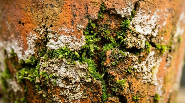 Ultra close-up macro texture of antique aged terracotta pot with velvety green moss and white mineral efflorescence