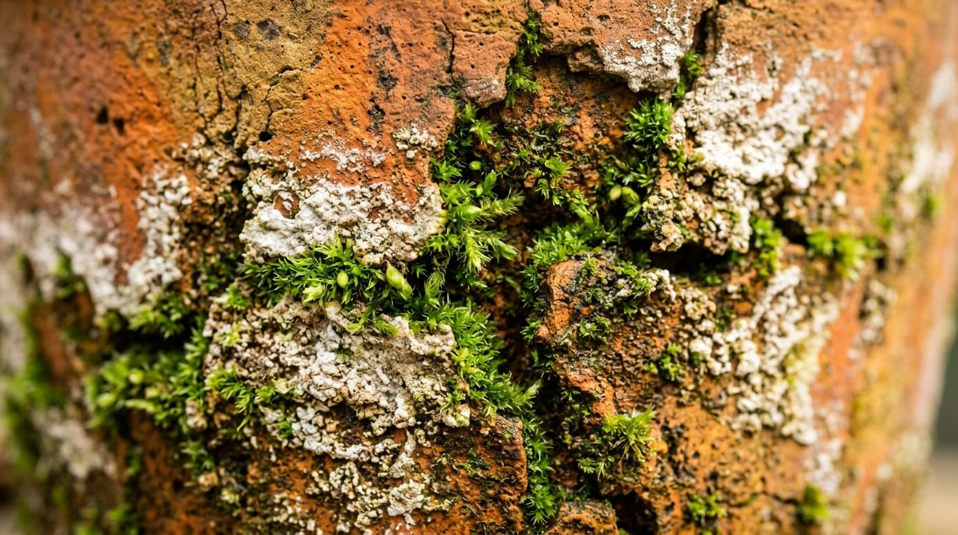 Ultra close-up macro texture of antique aged terracotta pot with velvety green moss and white mineral efflorescence