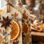 Ultra close-up macro of handcrafted botanical soy wax sachets with embedded star anise, orange slices, and lavender