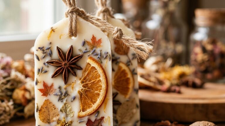 Ultra close-up macro of handcrafted botanical soy wax sachets with embedded star anise, orange slices, and lavender