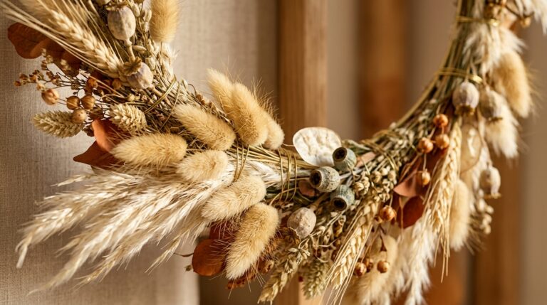 Ultra close-up macro of handcrafted modern minimalist dried floral fall wreath with bunny tails and seed pods