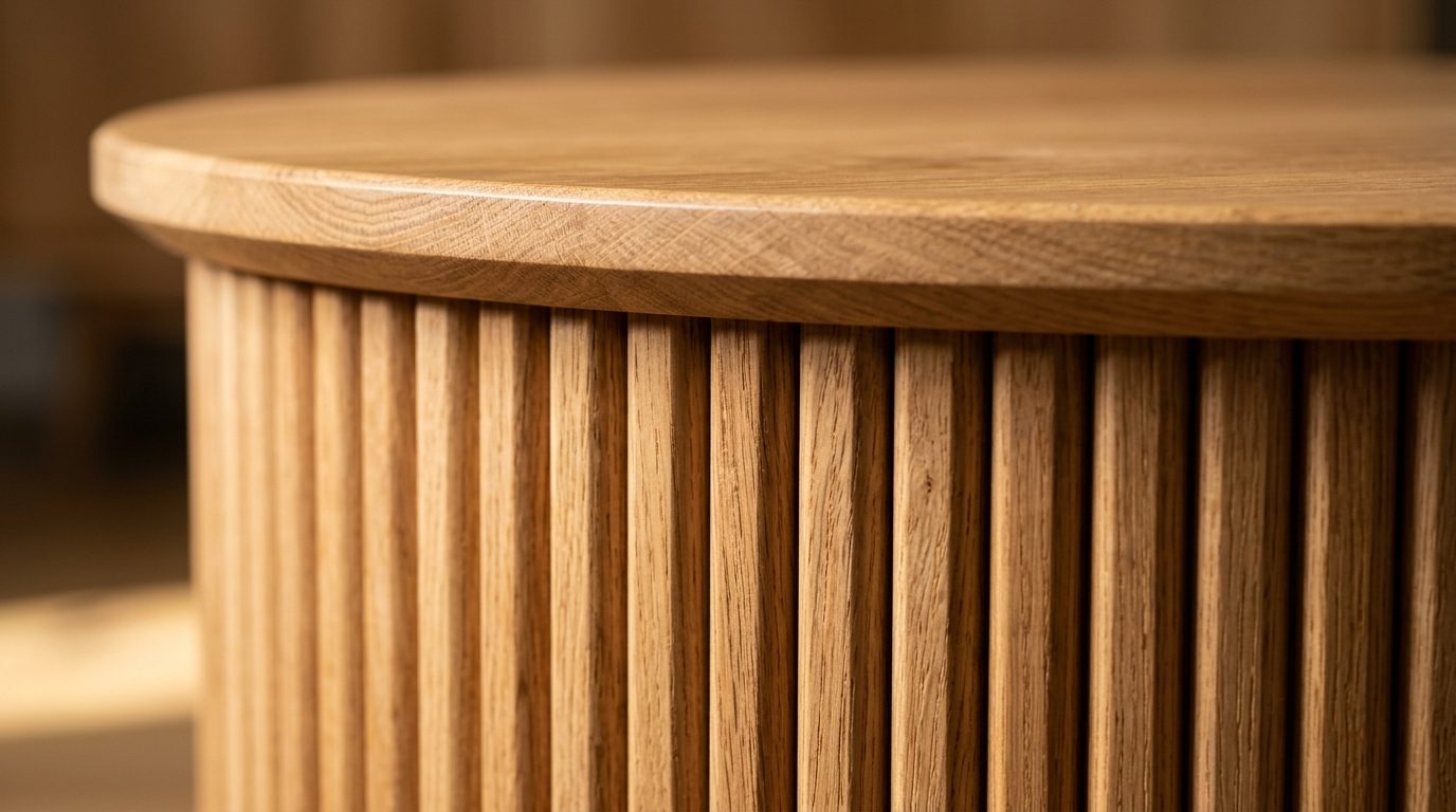 Ultra close-up macro craftsmanship shot of handmade fluted round oak coffee table with half-round wooden flutes