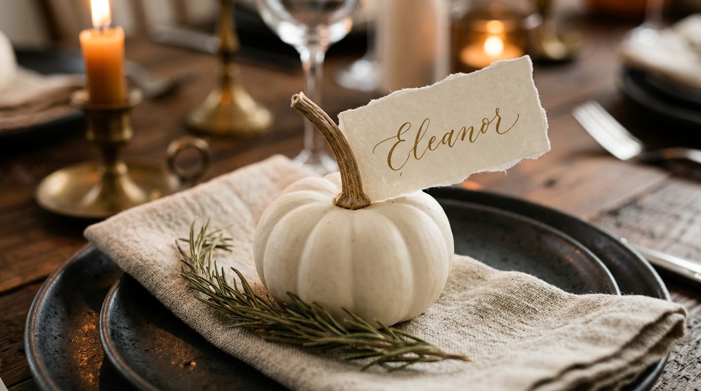 DIY mini white pumpkin place card holder on dark plate with calligraphy deckle edge card
