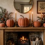 Five matte terracotta pumpkins styled on rustic fireplace mantel with warm candles