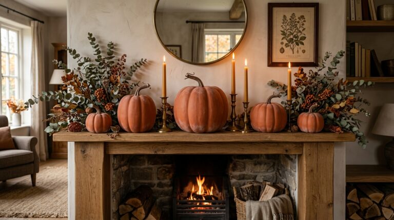 Five matte terracotta pumpkins styled on rustic fireplace mantel with warm candles