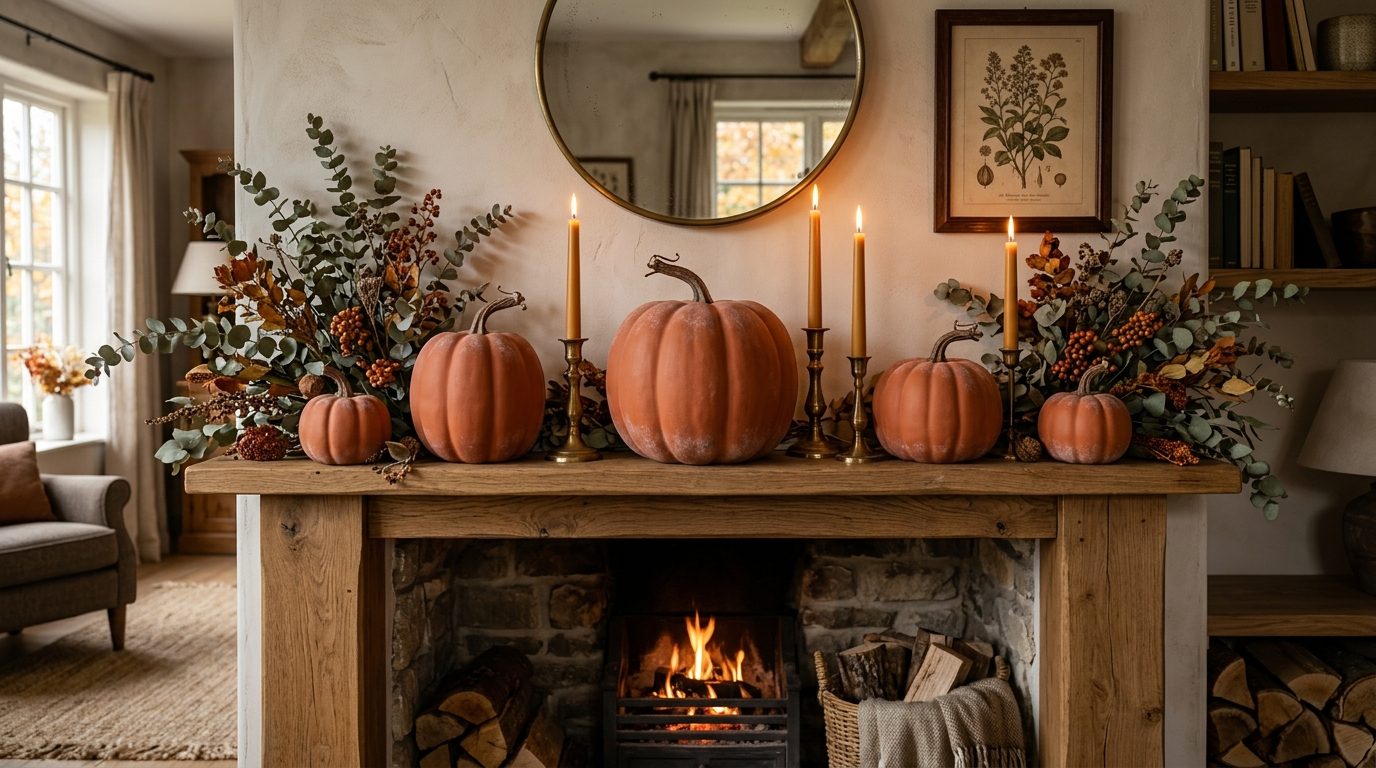 Five matte terracotta pumpkins styled on rustic fireplace mantel with warm candles