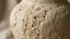 Macro texture of handcrafted textured stone ceramic vase showing travertine limestone details