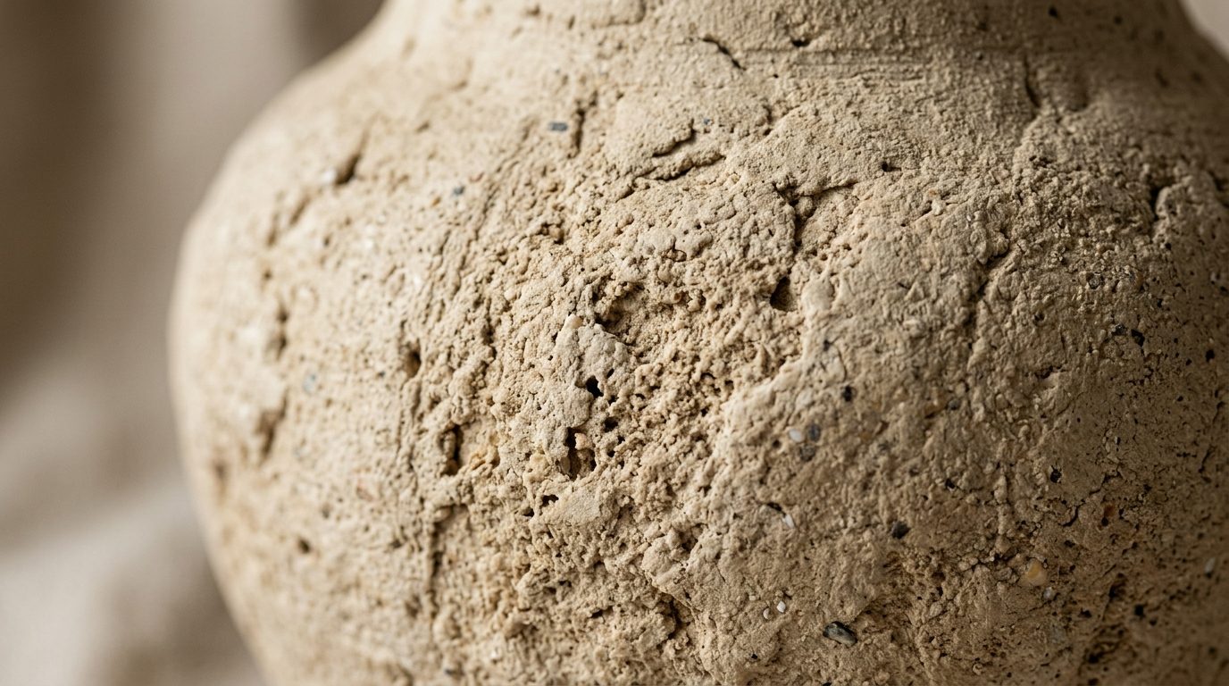 Macro texture of handcrafted textured stone ceramic vase showing travertine limestone details