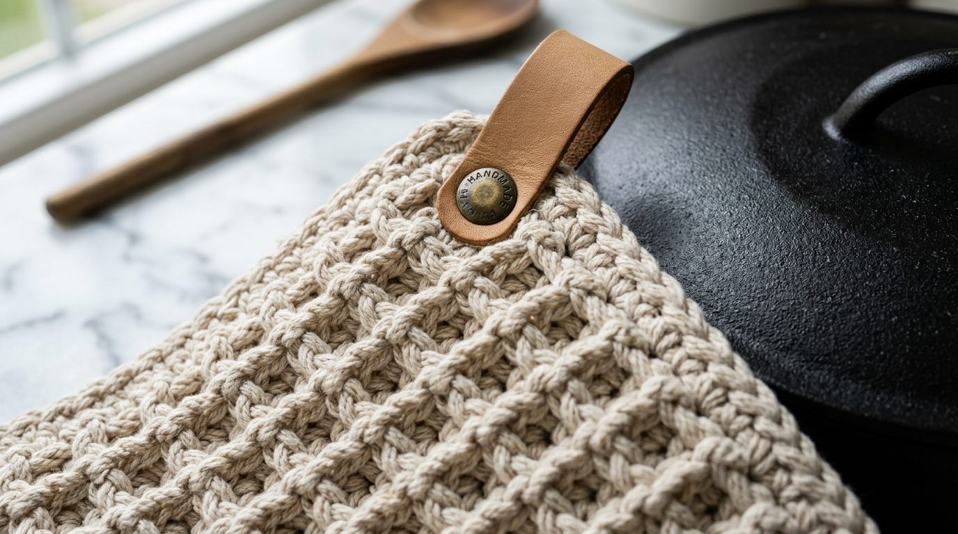 Dense thermal stitch crochet potholder with tan leather hanging loop beside cast iron pan