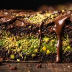 Ultra close-up macro cross-section of fudgy chocolate brownie with thick vibrant emerald green pistachio knafeh layer