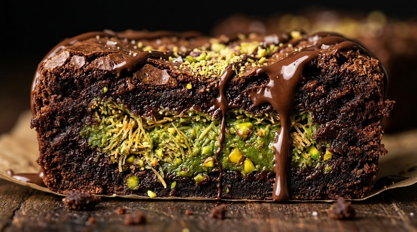 Ultra close-up macro cross-section of fudgy chocolate brownie with thick vibrant emerald green pistachio knafeh layer