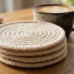 Stack of modern ribbed cream cotton crochet coasters with ceramic mug on light oak table