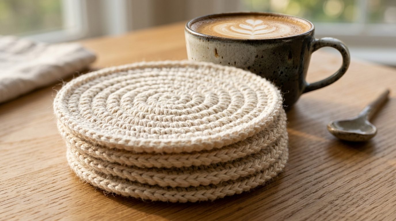 Stack of handmade modern ribbed cream cotton crochet coasters with ceramic mug on light oak table