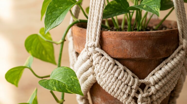 Ultra close-up of handmade crochet plant hanger in natural cotton holding terracotta pot with pothos