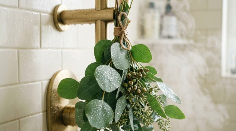 Ultra close-up macro eye-level shot of fresh silver dollar eucalyptus bundle tied with jute twine hanging beside a brass shower fixture with gentle steam