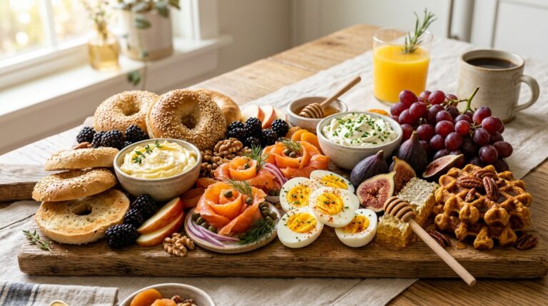 Abundant fall brunch charcuterie board with bagels, smoked salmon roses, whipped honey butter, and fresh figs