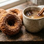 Ultra close-up macro documentary photograph of fresh homemade apple cider donuts coated in cinnamon sugar with hot spiced cider