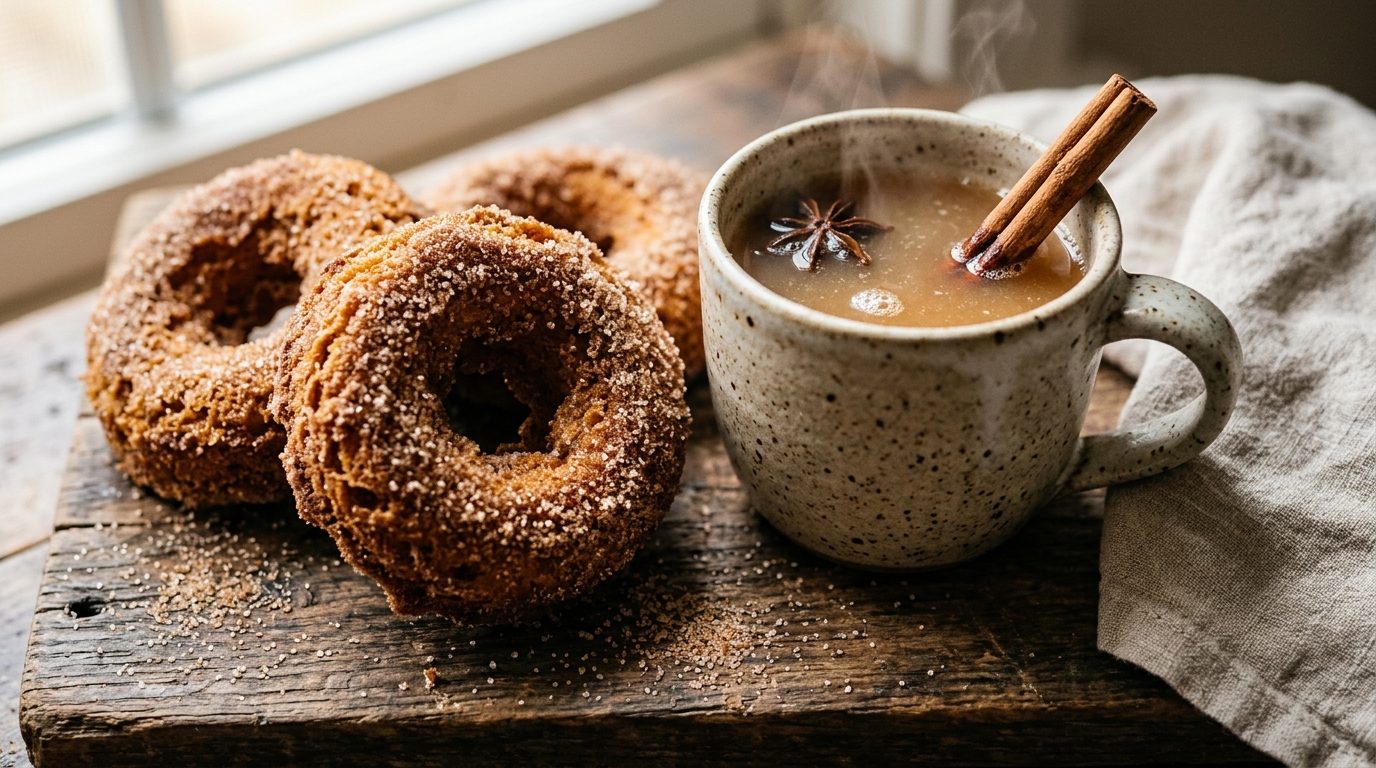 Ultra close-up macro documentary photograph of fresh homemade apple cider donuts coated in cinnamon sugar with hot spiced cider