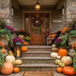 Stunning autumnal front porch decorated with overflowing container gardens, mums, ornamental cabbage, and pumpkins