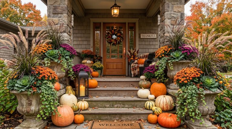 Stunning autumnal front porch decorated with overflowing container gardens, mums, ornamental cabbage, and pumpkins