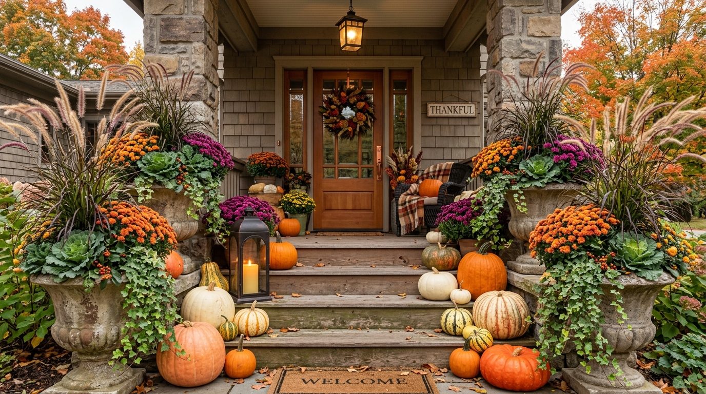 Stunning autumnal front porch decorated with overflowing container gardens, mums, ornamental cabbage, and pumpkins