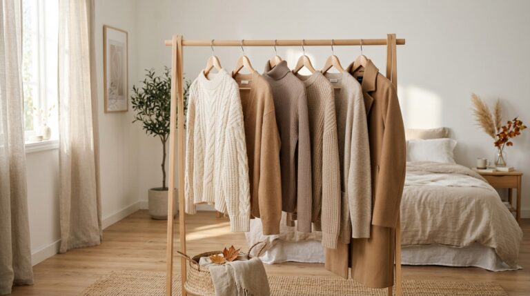 Curated autumn clothing rack in soft morning daylight with neutral wool knitwear and coats