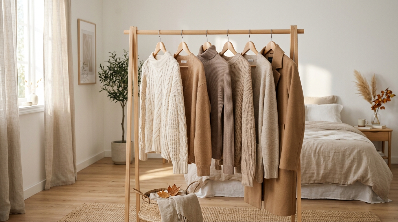 Curated autumn clothing rack with neutral wool knitwear and coats