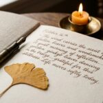 Ultra close-up macro documentary shot of an open clothbound linen journal with delicate handwriting next to a vintage brass fountain pen, burning beeswax candle, and pressed autumn leaf