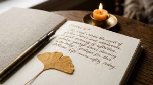 Ultra close-up macro documentary shot of an open clothbound linen journal with delicate handwriting next to a vintage brass fountain pen, burning beeswax candle, and pressed autumn leaf