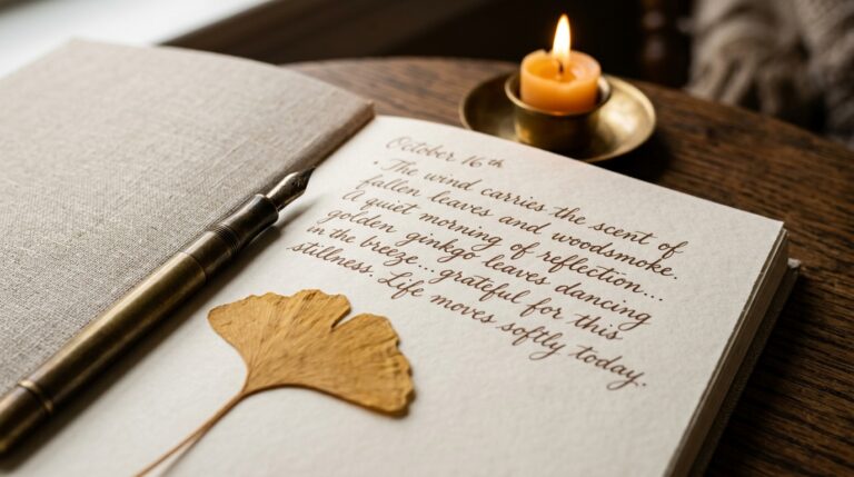 Ultra close-up macro documentary shot of an open clothbound linen journal with delicate handwriting next to a vintage brass fountain pen, burning beeswax candle, and pressed autumn leaf