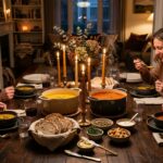 Steaming bowls of autumn butternut squash and wild mushroom soup on a rustic candlelit dinner table