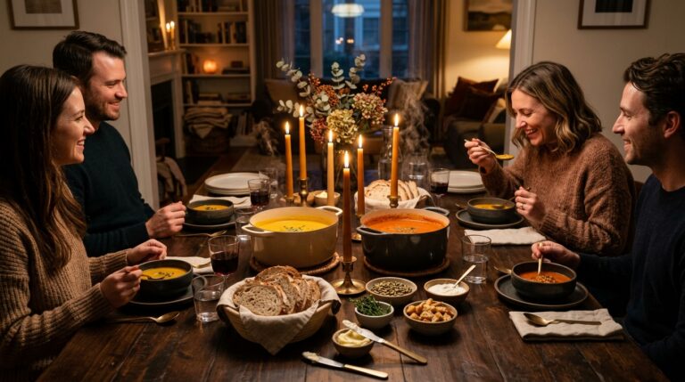 Steaming bowls of autumn butternut squash and wild mushroom soup on a rustic candlelit dinner table