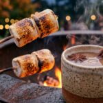 Ultra close-up macro of golden toasted gourmet marshmallows, dark chocolate squares, and graham crackers beside glowing fire pit embers