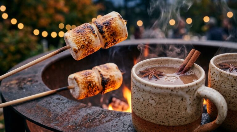 Ultra close-up macro of golden toasted gourmet marshmallows, dark chocolate squares, and graham crackers beside glowing fire pit embers