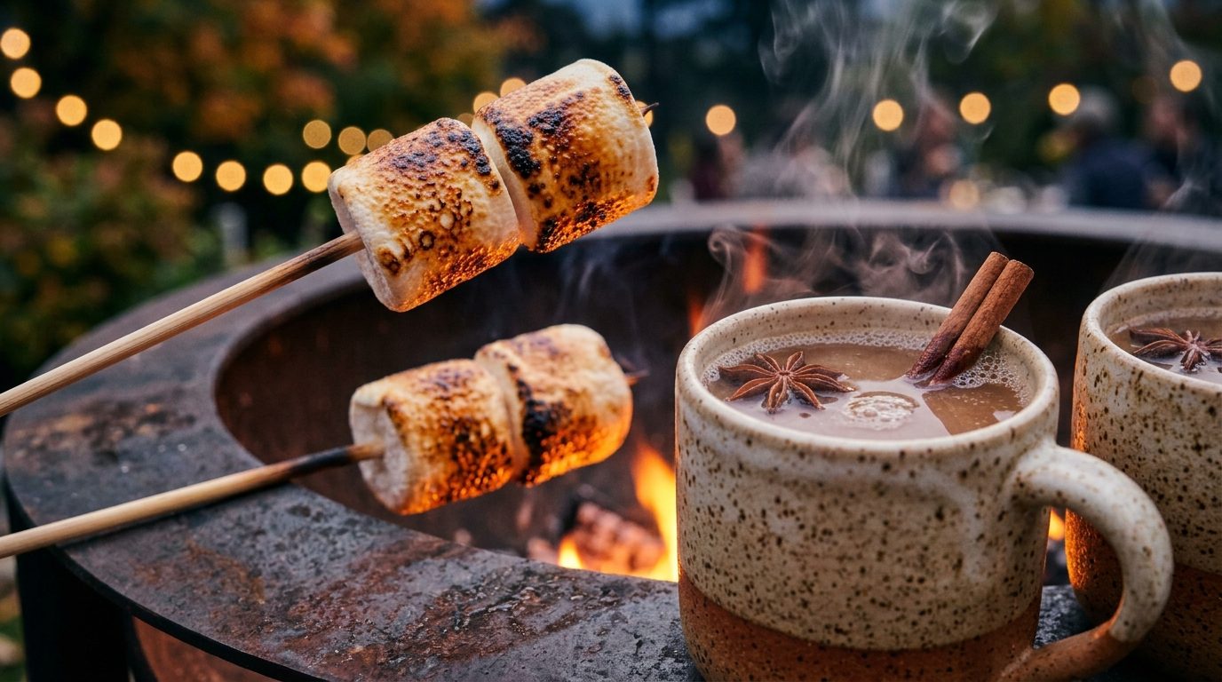 Ultra close-up macro of golden toasted gourmet marshmallows, dark chocolate squares, and graham crackers beside glowing fire pit embers