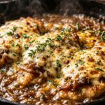 Ultra close-up macro of creamy French onion chicken sizzling in a cast-iron skillet