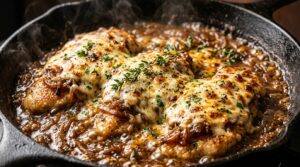 Ultra close-up macro of creamy French onion chicken sizzling in a cast-iron skillet