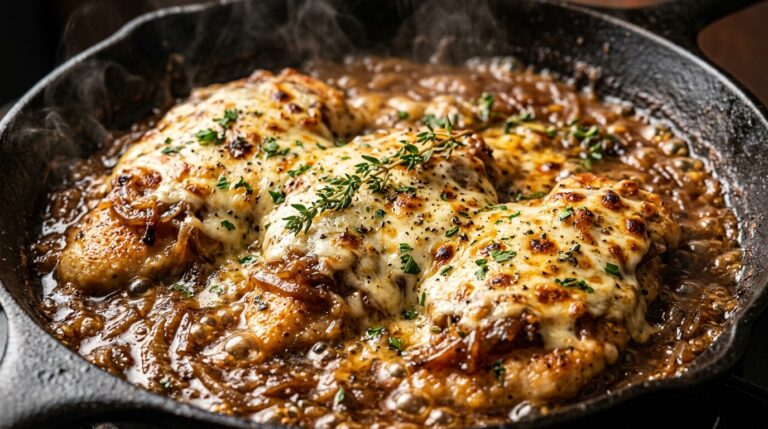 Ultra close-up macro of creamy French onion chicken sizzling in a cast-iron skillet