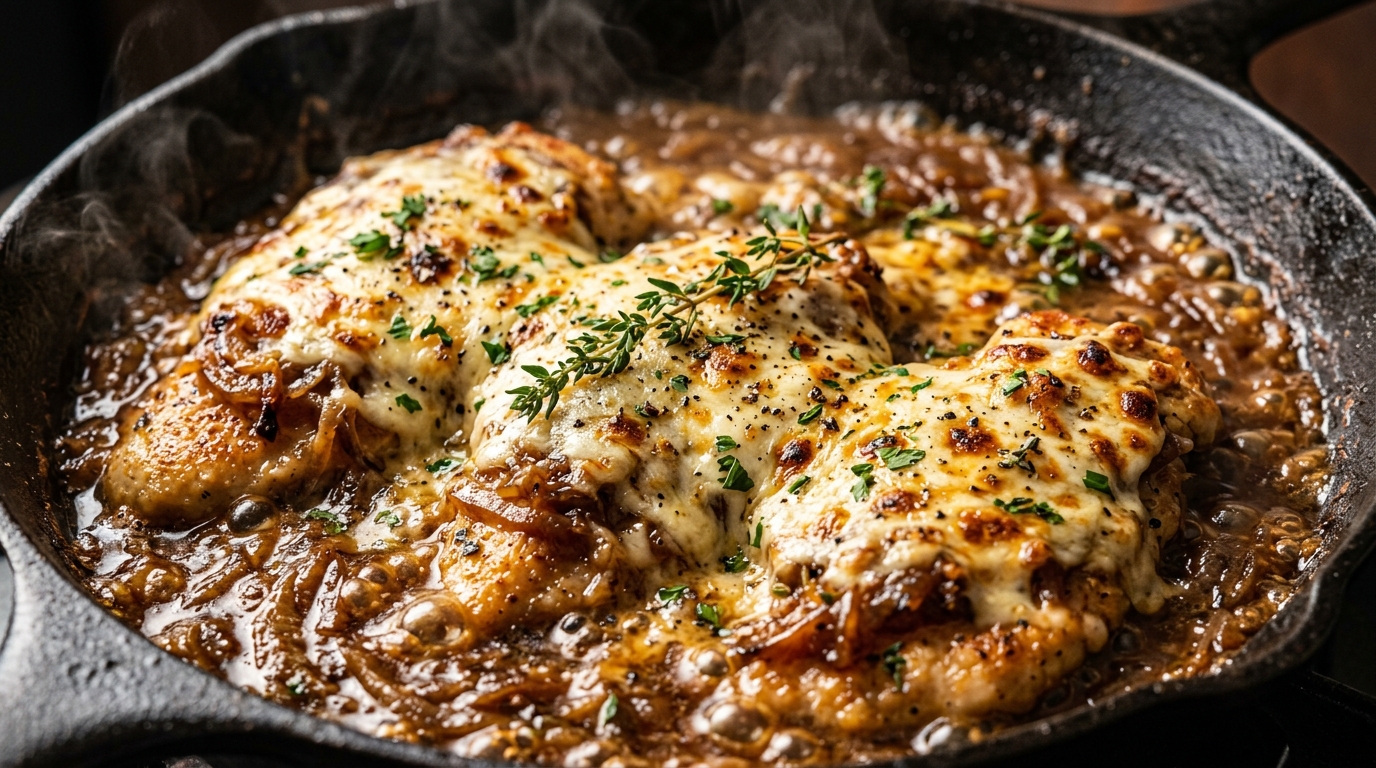 Ultra close-up macro of creamy French onion chicken sizzling in a cast-iron skillet