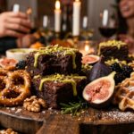 Ultra close-up macro of an autumn Friendsgiving dessert board with rich fudge brownies, sea salt chocolate chip cookies, caramel dip, and fresh figs