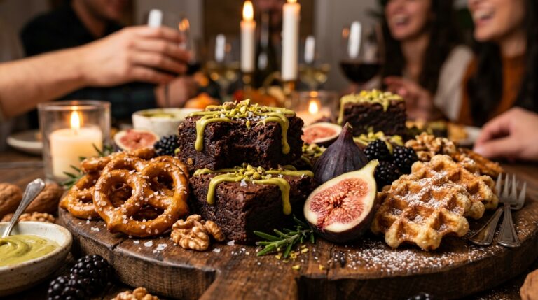 Ultra close-up macro of an autumn Friendsgiving dessert board with rich fudge brownies, sea salt chocolate chip cookies, caramel dip, and fresh figs