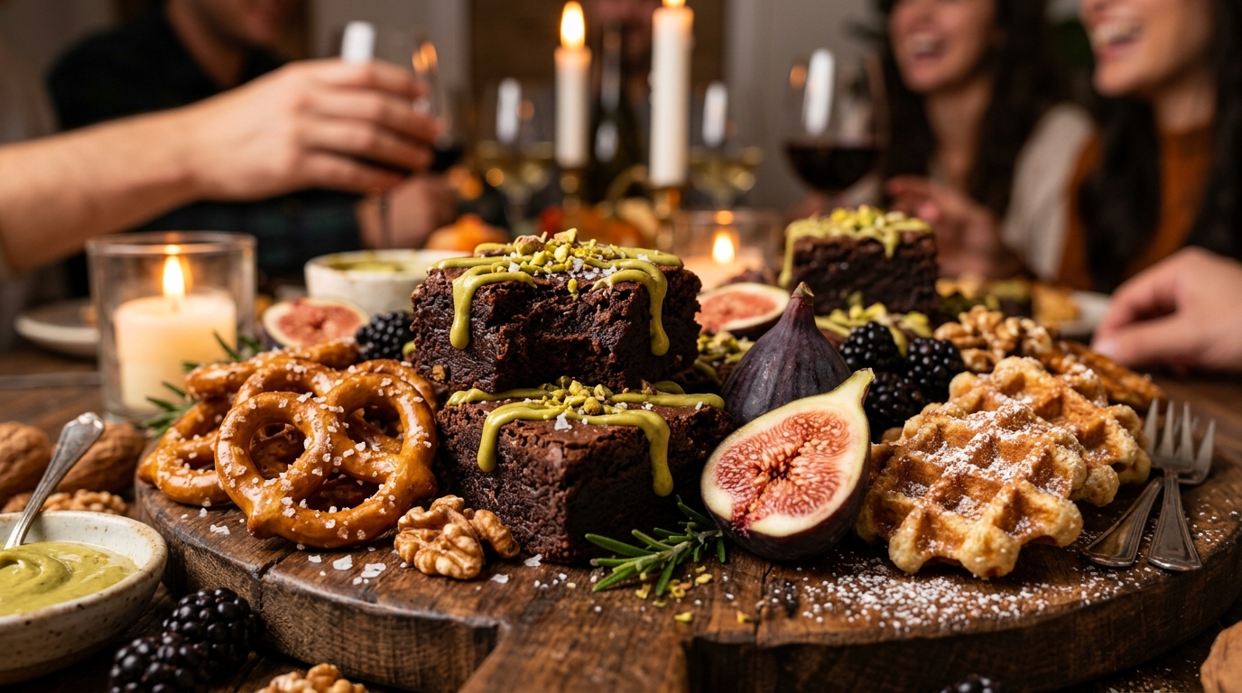 Ultra close-up macro of an autumn Friendsgiving dessert board with rich fudge brownies, sea salt chocolate chip cookies, caramel dip, and fresh figs