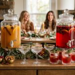 Chic Friendsgiving drink station with glass dispensers, spiced cider, and crystal glasses