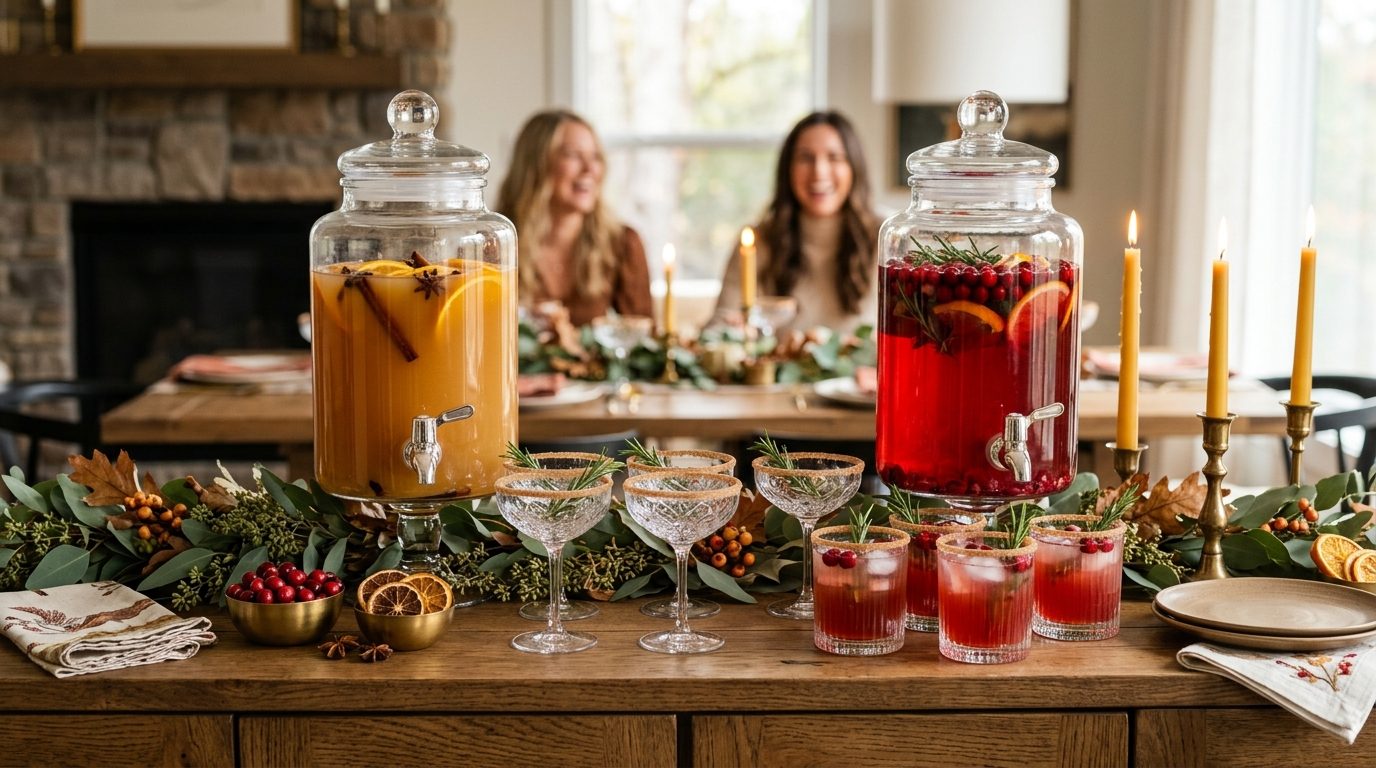Chic Friendsgiving drink station with glass dispensers, spiced cider, and crystal glasses