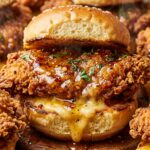 Ultra close-up macro of crispy hot honey chicken sliders with spicy golden honey butter glaze on toasted brioche buns for a Friendsgiving grazing table
